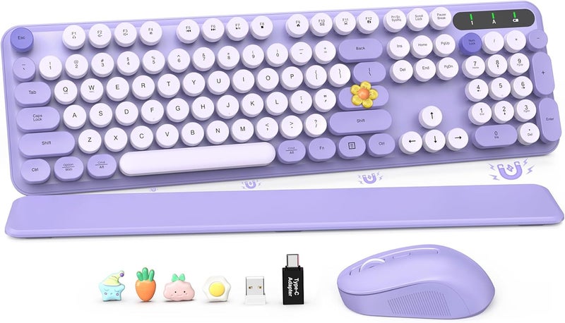 SABLUTE Wireless Keyboard and Mouse Combo, Cute Round Keycaps, Full-Size Retro Typewriter Keyboard with Detachable Wrist Rest, 2.4GHz Cordless Connection for Mac/Windows/PC/Laptop (Purple-Colorful) - Image 1